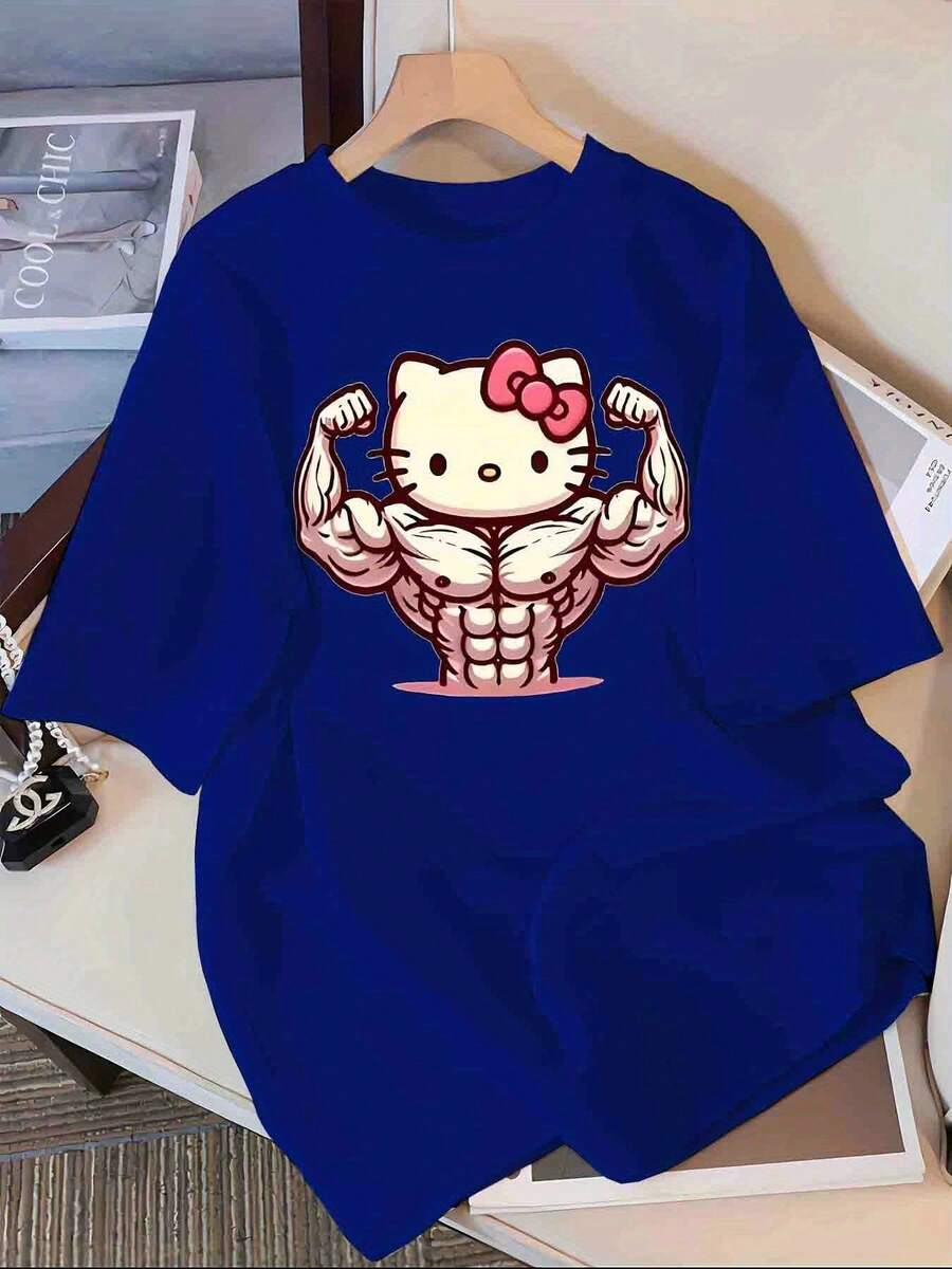 Unisex Size. Plus Size Women's Cotton T-Shirt, Ideal For Summer. Youthful T-Shirt With Anime Print. [Authorized] 2026 Spring/Summer/Autumn, New Short-Sleeved T-Shirt With A Round Neck, Loose Fit, Versatile For Home And Work, Co-Branded With Cartoon Designs. Sweat-Wicking Material, Soft And Comfortable Against The Skin. - 藍色 - 查看 1