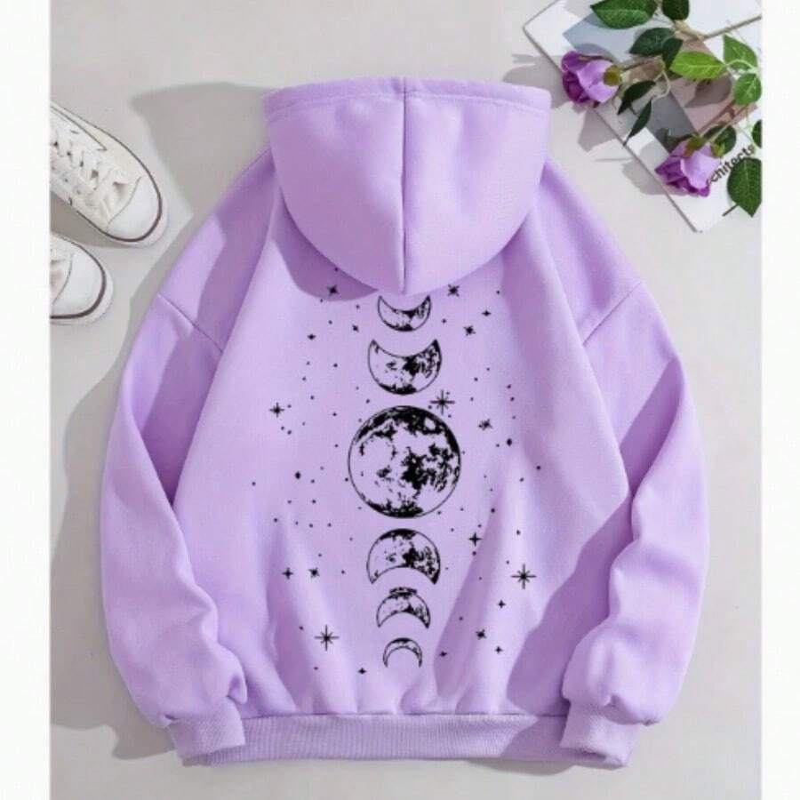 2026 New Hoodies With Different Moon Prints, Front And Back Printed Hoodies Casual And Fashionable Y2K Women's Clothing High Street Tops Hoodies Summer Clothes Western Outfits For Women Summer Outfits For Women Jackets Sweater Jackets For Women - 紫色 - 查看 1