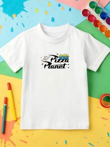 Disney Toy Story Pizza Planet Themed Kids' T-Shirt: Black Base With Double-Sided Print Of 'Pizza Planet' Logo, Aliens And Retro Fast-Food Elements. The  Style Fits Kids' Multi-Scene Daily Wear - White - View 3