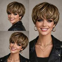 Human Hair Wig For Women Featuring A Layered Short Straight Pixie Cut, Available In Mixed Colors SP4/27 (Brown/Blonde) Remy Peruvian Wig Includes Bangs And Is Fully Machine-Made, Perfect For Holiday And Party Christmas - SP4/27 - View 5