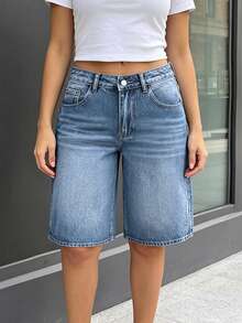 Quần short Bermuda denim nữ dáng rộng, cạp thấp, thoải mái và đa năng, thích hợp mặc hàng ngày vào mùa hè. - Rửa trung bình - Xem 8