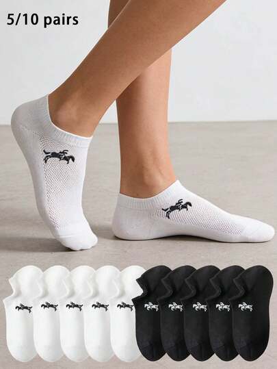 5 Pairs/10 Pairs Unisex Black & White Mesh Thin Solid Color Ankle Socks