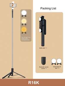 66.9 Inch/170cm Bluetooth Remote Control Alloy Selfie Stick With LED Fill Light, Suitable For Video Shooting And Life Recording, Telescopic, 360° Rotation, Anti-Shake, Foldable And Portable Tripod Selfie Stick - Black - View 13
