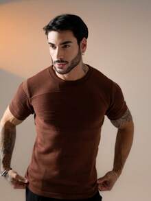 Men's Textured Short-Sleeved Knit T-Shirt With Crew Neck, Summer Chic Premium Style. - Rust Brown - View 1