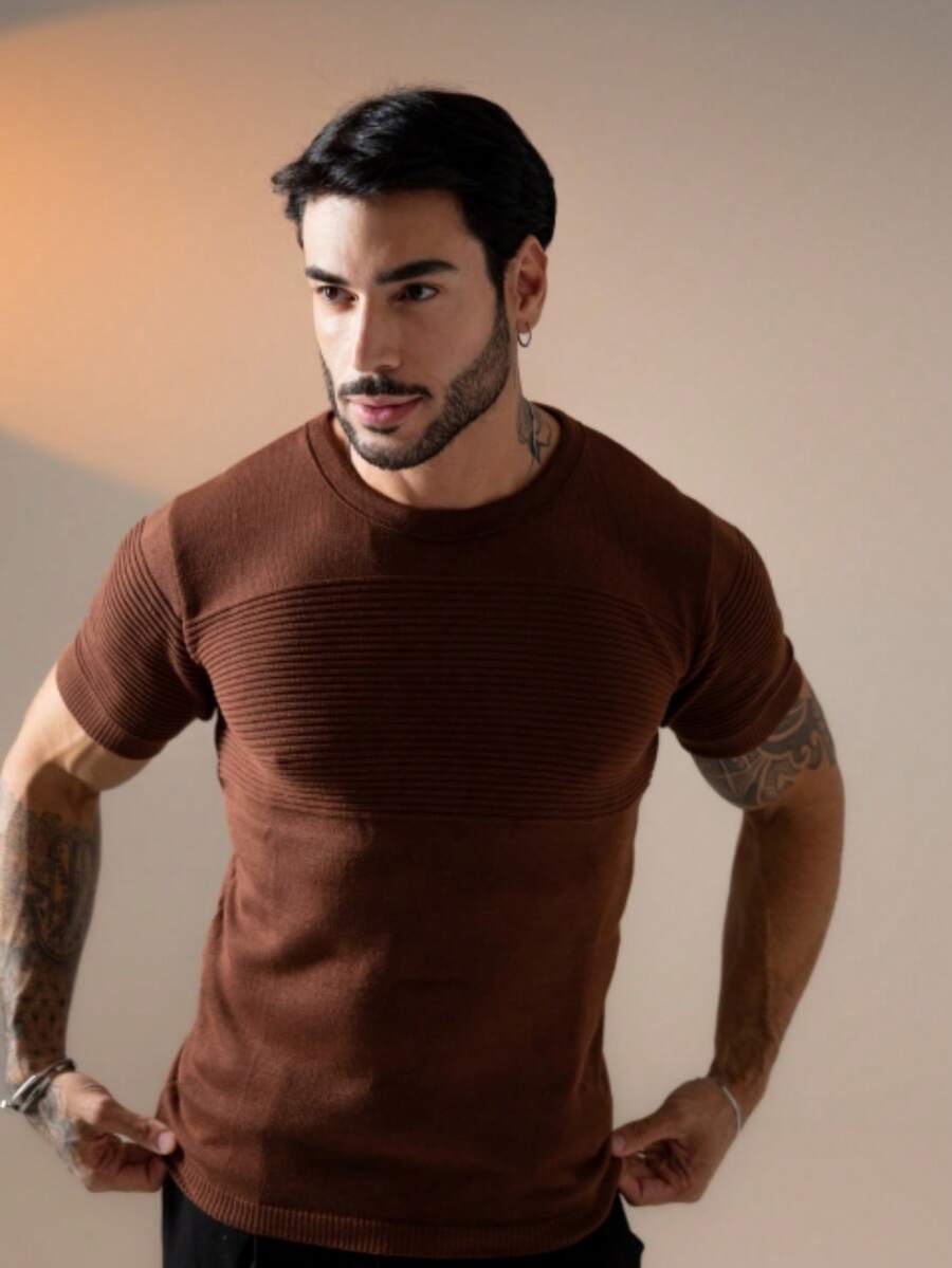 Men's Textured Short-Sleeved Knit T-Shirt With Crew Neck, Summer Chic Premium Style. - Rust Brown - View 1