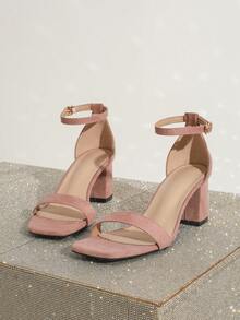 Square Toe Thick High Heel Sandals, Simple Elegant Dignified One-Strap Design, Suitable For Daily Outings, Work And Party Occasions, Fashionable Versatile Women's High Heel Sandals, Available In Black And Red,Chunky Heels,Summer Shoes - Dusty Pink - View 5
