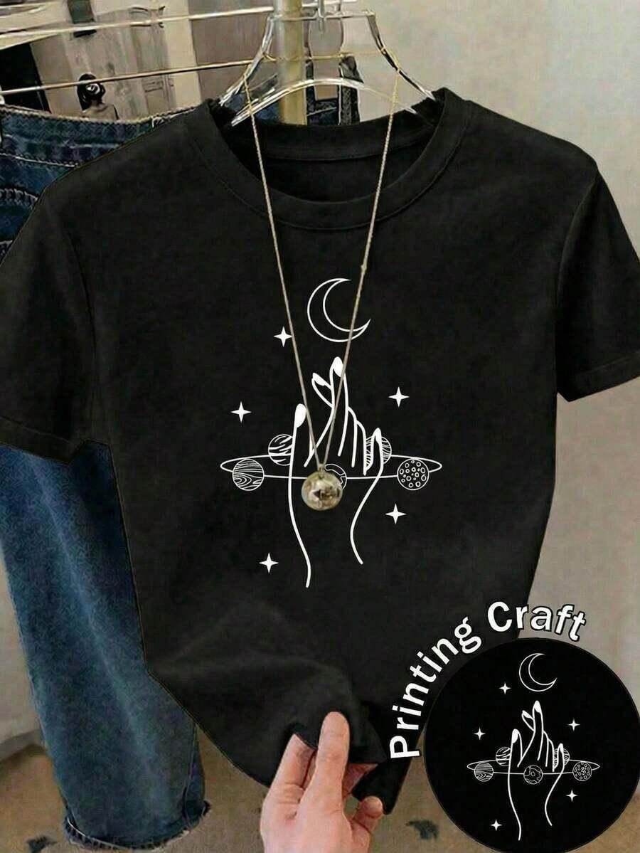 Camiseta informal de mujer de manga corta y cuello redondo de poliéster con estampado de planetas y lunas, ideal para uso diario. woman Todo tipo de impresiones, chaqueta, camiseta de cuello redondo, casual, para oficina, para viajar, muy popular, viento deportivo, estampado/patrón, camiseta de algodón 100%, camiseta casual, cómoda, suave, transpirable The latest popular bestseller - Negro - Ver 1