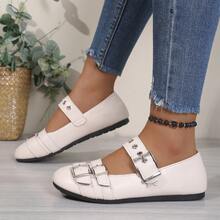 Teens' British Style Double Buckle Shoes, Round Toe Mary Jane Shoes, Retro School Uniform Shoes, All Season - Beige - View 6