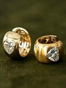 1对奢华可爱心形锆石耳环，女士时尚几何耳扣，浪漫情侣饰品，爱人礼物 - 耳環 - 查看 6