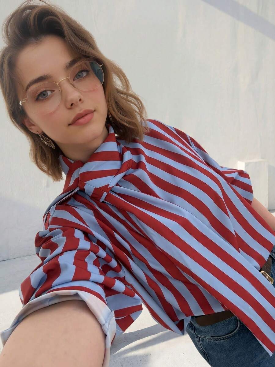 女士春夏优雅休闲蝴蝶结领撞色条纹衬衫 - 紅藍色 - 查看 1