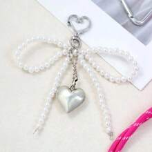 1 Pc Silver Big Heart Pearl Bow Keychain Cute Pearl Design For Girls Women Y2K Key Chains Bag Purse Charm Accessory - Pink - View 6