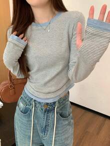 Women's Autumn/Winter Slim Fit Contrast Color Striped 2-In-1 Long Sleeve T-Shirt Casual Style - Grey - View 3