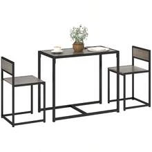 Dining Table And Chairs Set 2, Dining Room Sets, Rectangular Space Saving Table And 2 Chairs For Compact Kitchens, Steel Frame, Grey Wood-Effect - Black - View 2