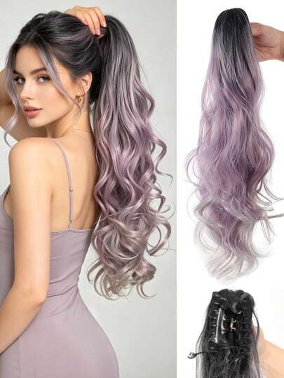 Tóc giả đuôi ngựa dài 22 inch, chịu nhiệt, kiểu sóng tự nhiên, kẹp càng cua, màu tím xám chuyển sắc, phù hợp cho bé gái và phụ nữ sử dụng hàng ngày và dự tiệc.