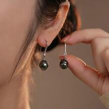 DARA 1 chiếc bông tai ngọc trai Tahiti 9-10mm, bông tai móc ngọc trai cao cấp dành cho nữ. - màu đen - Xem 2