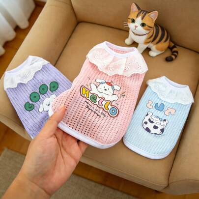 Cute Cartoon Pet Summer Vest, 3 Colors Available, Breathable Mesh Design With Ruffle Trim, Cat Clothes For Summer