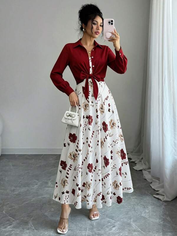 Women's Elegant Floral Print Long Sleeve Dress And Jacket Two Pieces Set, Suitable For Dates, Commuting, And Everyday Wear Spring