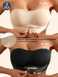 2pcs/Set Front Closure Solid Color Strapless Bandeau Bra With Upgraded Non-Slip Silicone Strips, Comfortable Soft Cup Wireless Bra, Lingerie For Women (Black+Apricot) - 彩色 - 查看 1