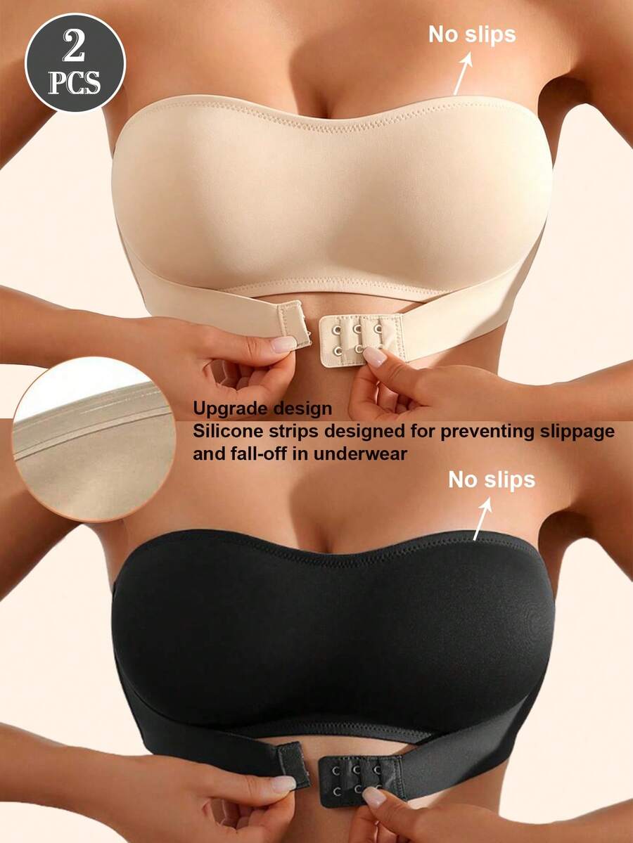 2pcs/Set Front Closure Solid Color Strapless Bandeau Bra With Upgraded Non-Slip Silicone Strips, Comfortable Soft Cup Wireless Bra, Lingerie For Women (Black+Apricot) - 彩色 - 查看 1