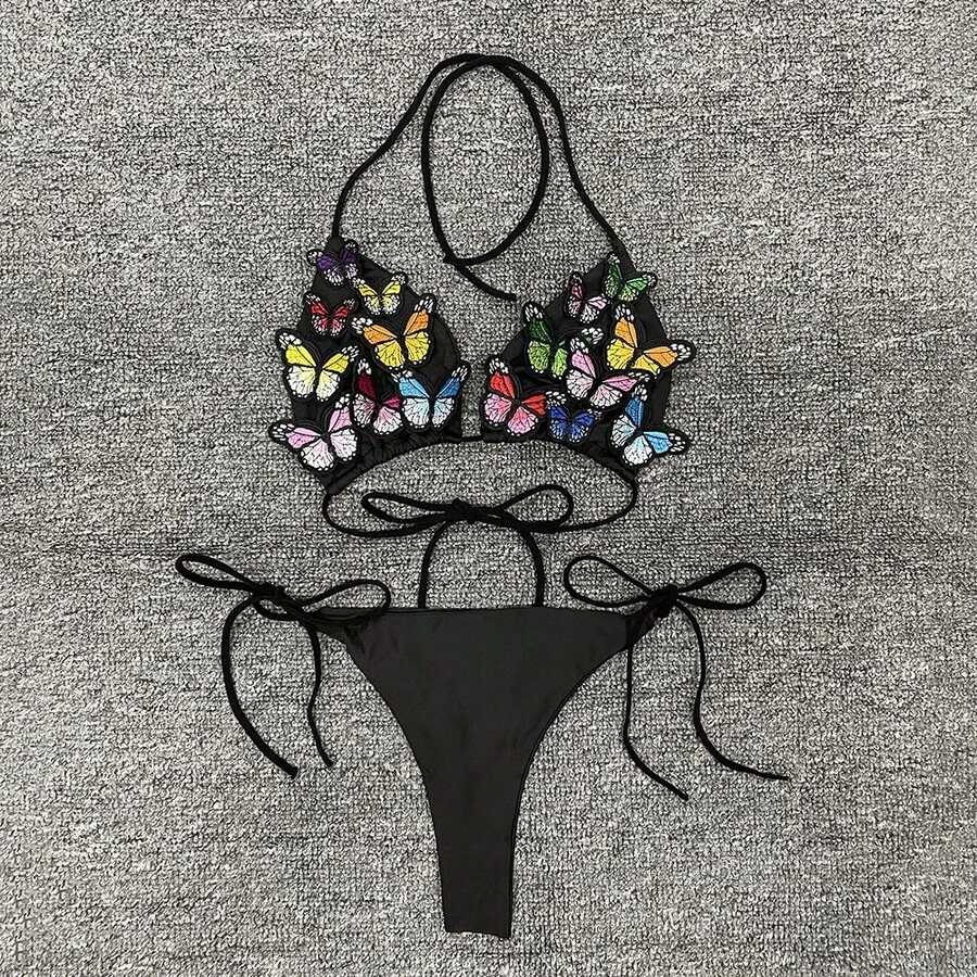 Ins Fashion Colorful 3D Butterfly Adjustable Strap Bikini For Hot Girls At The Pool And Beach