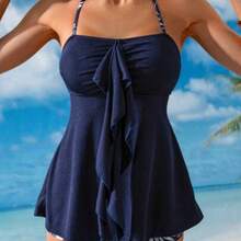 Swim Lushoire Women's BOHO Style Tropical Printed Tankini Set, For Summer Beach Vacation - Azul Marino - Ver 1