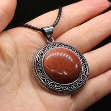 38x42mm Natural Crystal Agate Semi-Precious Stone Round Pendant, Gemstone Inlaid Alloy Abalone Shell Necklace - Water Drop Natural Stone Pendant - View 19