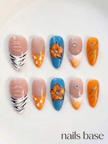 NAILS BASE 10件/組 粉色杏仁形長款法式漸層漸變假指甲，附玫瑰紅花朵，杏仁形甲片，適合辦公場合的中性華麗風，日式手工製 P - 彩色 - 查看 4