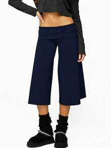 Fold Over Gaucho Pants Culottes For Women Low Rise Capris Foldover Flowy Going Out Flare Bottoms Wide Leg Capri Pants - Xanh đậm - Xem 5