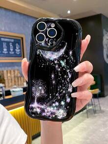 1 pieza Funda de teléfono a prueba de golpes con diseño de luna y mariposa con impresión UV, compatible con Apple/Galaxy//// - Negro - Ver 1