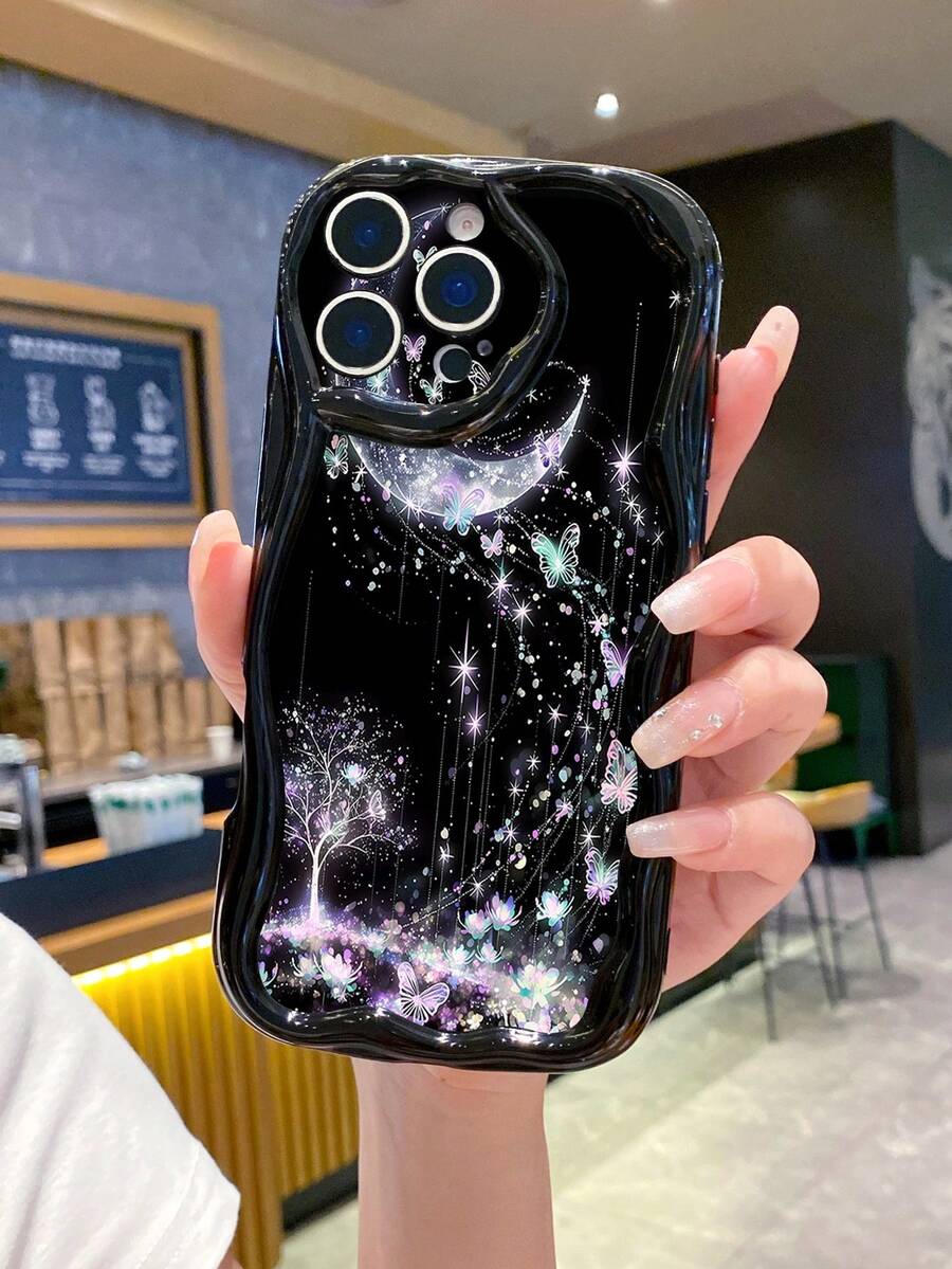 1 pieza Funda de teléfono a prueba de golpes con diseño de luna y mariposa con impresión UV, compatible con Apple/Galaxy//// - Negro - Ver 1