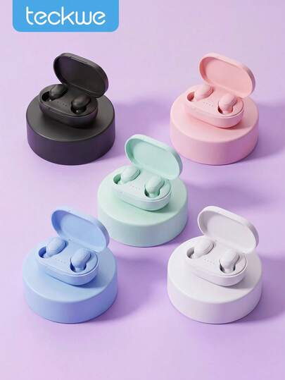 Teckwe Wireless Earbuds, Mini Music Earbuds, In-Ear Wireless Headphones With Charging Case, No Cable, Capacitive Microphone, Noise Cancellation, Volume Control, Candy Color Earbuds