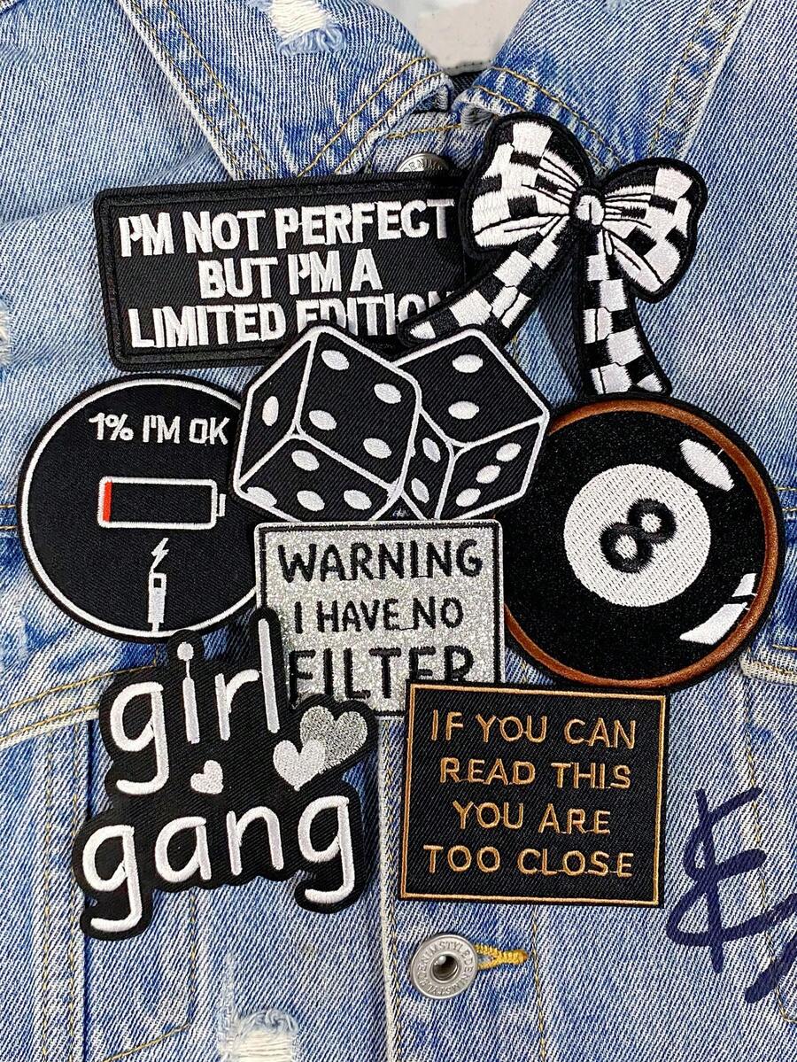 Bộ 3/8 miếng vá thêu chữ tiếng Anh đen trắng dễ thương kiểu punk hình nơ, chất liệu polyester, thích hợp để trang trí quần áo, may vá, dán lên vải, phụ kiện may quần áo như ba lô, quần jean, áo khoác, áo phông, mũ, váy, v.v.
