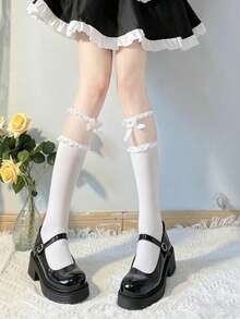 1 đôi tất ren nhiều lớp có nơ, thích hợp cho mùa xuân/hè, trang phục Lolita và JK (nữ sinh trung học), đi học và phong cách ngọt ngào. - Nhiều màu - Xem 6