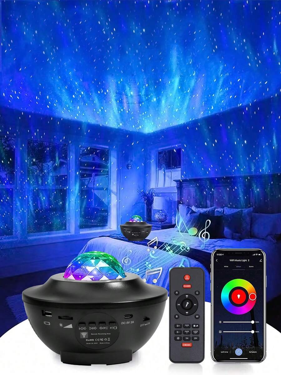 1pc LED Romantic Starry Sky Projection Lamp, USB Wireless Remote Control Music Wave Starry Sky Laser Light, Bedroom Ceiling Dreamlike Atmosphere Light