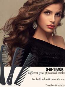 Bộ 3 lược răng to bản, lược chải tóc chuyên nghiệp bằng sợi carbon dành cho nam và nữ, dùng được cả khi tóc ướt và khô, tóc xoăn dài, chống tĩnh điện, chịu nhiệt, giảm rụng và gãy tóc (3/1 cái) - màu đen - Xem 3