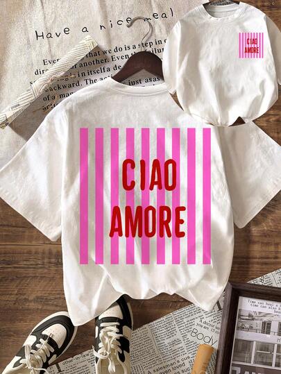 CIAO AMORE 亮粉色条纹图案T恤，女士休闲百搭纯色圆领短袖T恤，夏季度假装扮 白色