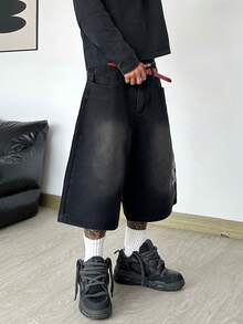 Hearty Haven 1件裝美式街頭風刺繡舒適寬鬆牛仔短褲 中長款休閒寬腿褲 男款，街頭穿搭學院風 - 不含腰帶與配件 - 黑色 - 查看 2