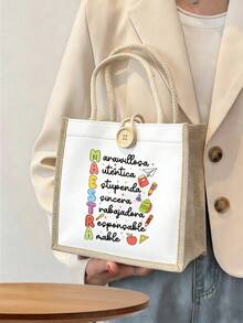 Tas Tote Motif Huruf Maestra dan Apel Aneka Warna, Tas Tote yang Dapat Digunakan Kembali, Tas Penyimpanan Kapasitas Besar yang Lucu, Tas Tangan Perjalanan Ringan - MultiWarna - View 14