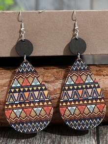 1 Pair Retro Teardrop Wooden Printed Earrings, Women's Fashion Classical Printed Earrings - Multicolor - View 4