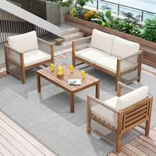 Lounge Set, Garden Furniture Set, With Comfortable Cushions, Seating Group, Patio Furniture Set, Double Sofa, 2 Armchairs And Table, Outdoor, Table And Chairs, Rattan Look, Acacia, Beige - Beige - View 5