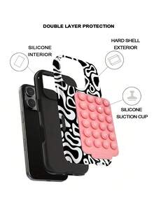 一套黑色不规则波浪纹手机壳+粉色吸盘，适用于 17 Pro Max、16 Pro Max、15 Pro Max、14 Pro Max，韩版时尚趣味手机壳，兼容 11/12/13/14/15/16 Pro Max Plus，优雅设计男女皆宜，是圣诞节、情人节、复活节、婚礼季和生日送给女友的理想礼物。 - 黑色 - 查看 2