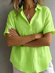 Plus Size Women Casual Basic Button-Down Short Sleeve Shirt Blouse Summer - Lime Green - View 2