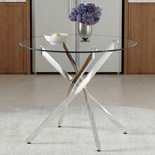 A Luxurious Yet Lightweight Round Dining Table, 88 Cm In Diameter. A Simple Table With A Tempered Glass Top And Silver Metal Frame, Ideal For Small Apartments, Homes, And Dining Rooms. Seats 2-4 People. - 銀色 - 查看 4