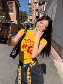 黄色修身圆领短袖T恤，美式性感复古风，夏季休闲百搭上衣 - 黃色-1 - 查看 1