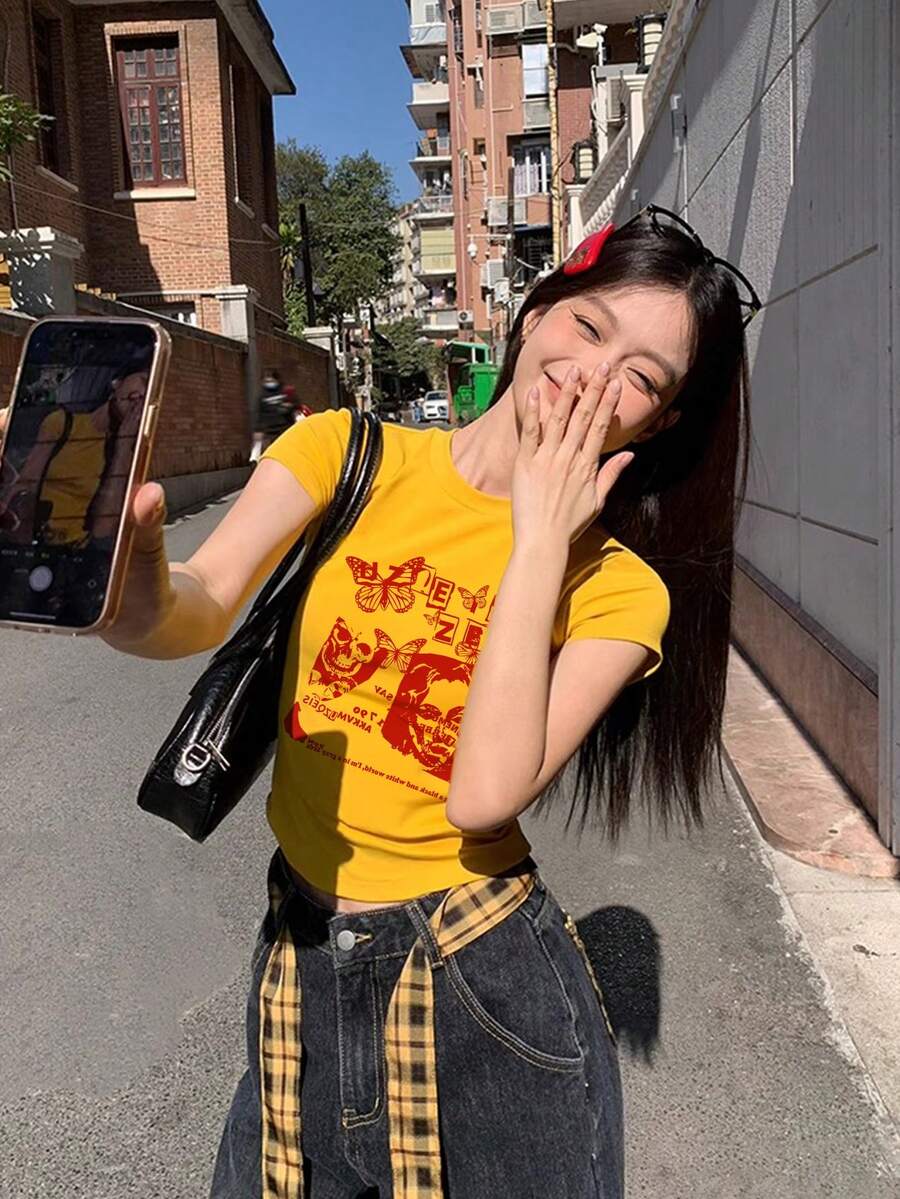 黄色修身圆领短袖T恤,美式性感复古风,夏季休闲百搭上衣 - 黃色-1 - 查看 1