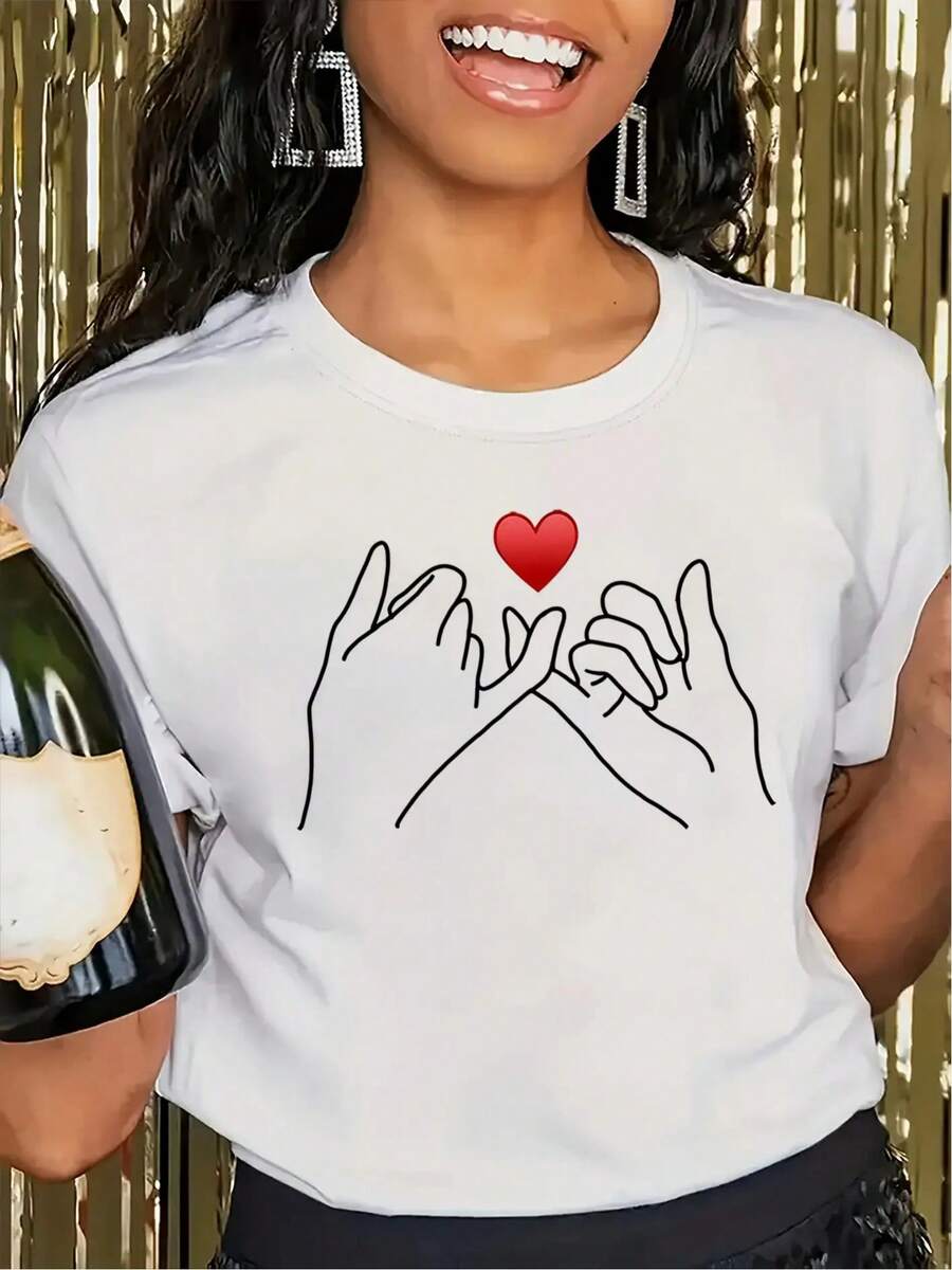 Short-Sleeved T-Shirt With Round Neck And Heart Print - 白色 - 查看 1