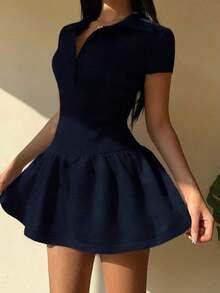 Vestido Mini Polo Mujer Azul Marino, Cuello Solapa Polo Con Diseño En V, Mangas Cortas, Corte Entallado Cinturado, Falda Fluyente Plisada, Con Forro Interior Antideslizante, Tejido Suave Elástico, Estilo Casual Deportivo Chic Elegante Versátil - Azul marino - Ver 6