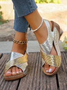Sandal Selop Wanita Motif Bunga Bordir, Hak Wedges Empuk yang Nyaman, Sol Poliuretan yang Bernapas, Berbagai Motif, Sepatu Pantai, Sepatu Musim Panas - Emas dan perak - View 8