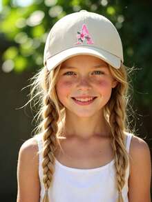1 pieza Gorra de béisbol ajustable con flor y letra para niñas de 3-16 años, sombrero de sol con visera ajustable para deportes al aire libre, uso casual diario - Beis - Ver 3
