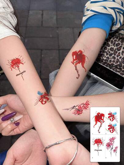 1pc Waterproof & Sweat-Proof Chinese Style Cosmos Flower Text Temporary Tattoo, Personalized Arm Decor Sticker Lasts 2-3 Days